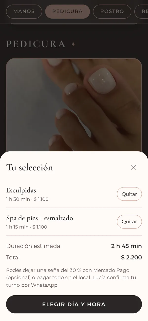 Resumen de la selección con duración estimada y total
