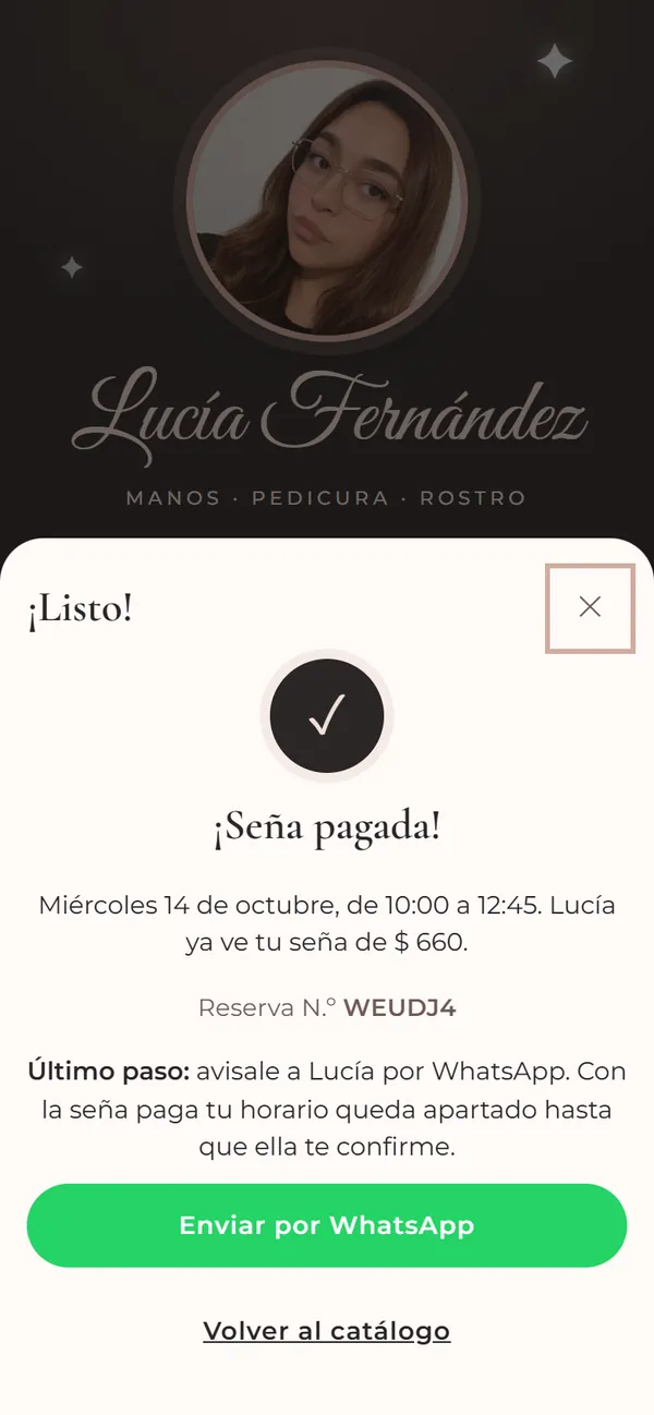 Confirmación de seña pagada al volver de Mercado Pago