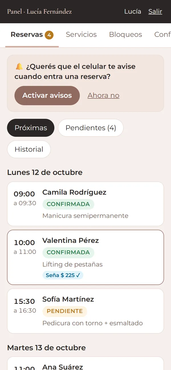 Lista de reservas próximas con estados Confirmada y Pendiente, y la invitación a activar avisos